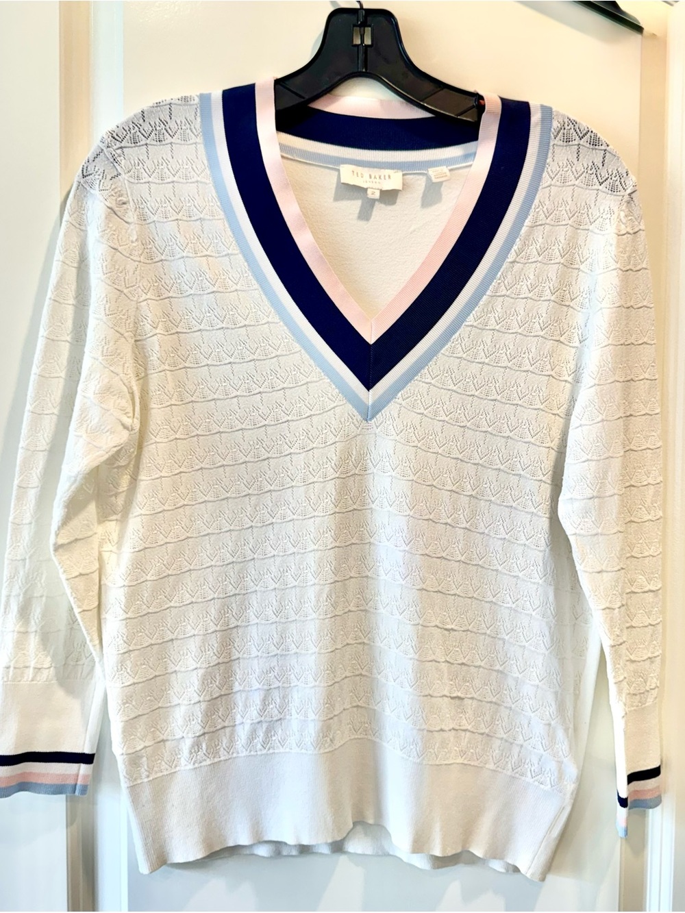 Ted Baker White V-Neck Sweater with Navy & Light Pink Trim